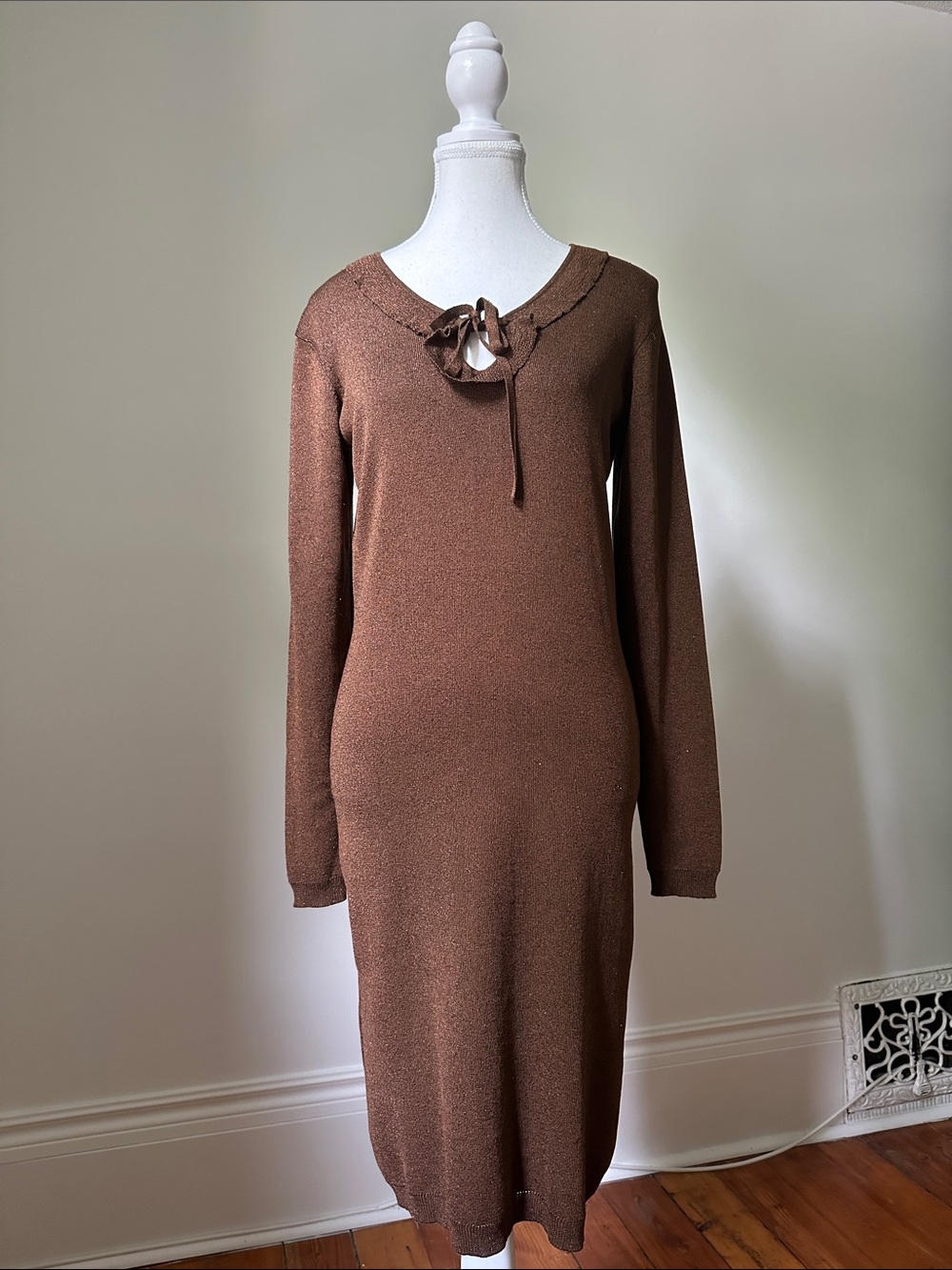 ADRIANNA PAPELL Vintage Brown Silk Blend Metallic Long Sleeve Midi Dress Large